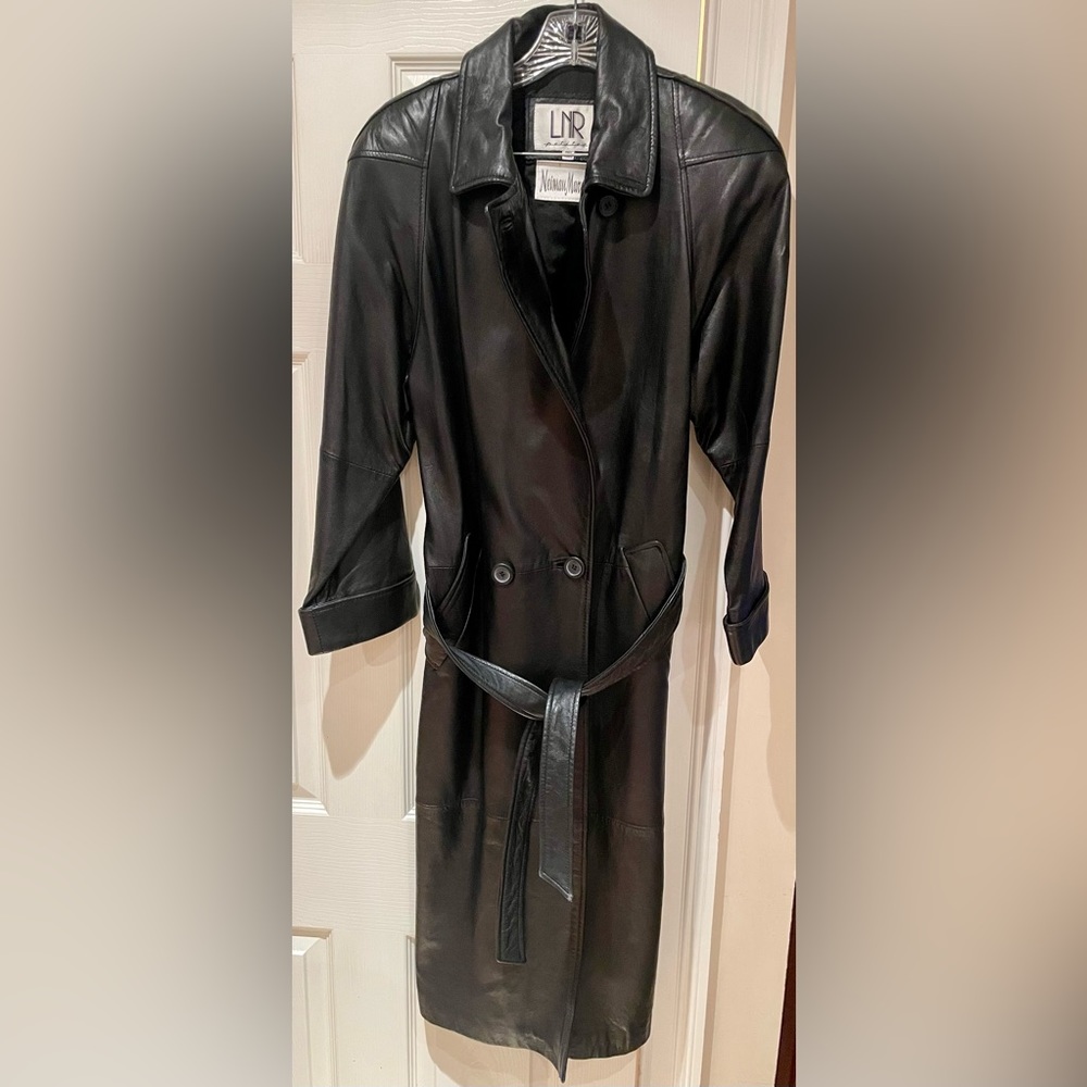 Women’s Vintage Black Leather Trench Coat with Belt